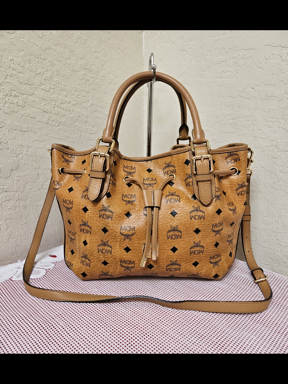 MCM Drawstring Handbag With Long Handle Satchel With Authenticity Card